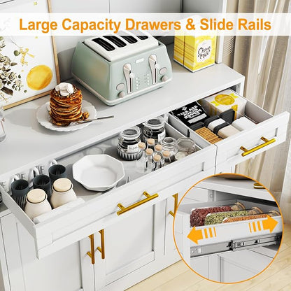 GAIOUS 71" Metal Kitchen Pantry Cabinet, Buffet Sideboard with Drawers | 6 Doors 4 Adjustable Shelves Open Countertop Charging Cable Hole Coffee Bar Cabinet Cupboard for Dining Living White
