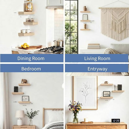 Floating Shelves, Oak Wooden Set of 3 Wall Mounted Bathroom Shelves Over Toilet, Modern Small Hanging Shelves for Bedroom Living Room Kitchen Farmhouse Home Decor, 12" x 7" x 1.5"