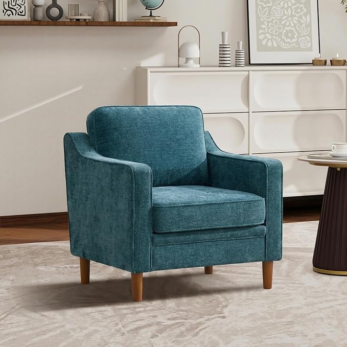 Kingfun Accent Chair, Living Room Chairs, Mid Century Reading Armchair, Chenille with Solid Wood Foot, Upholstered Modern Decor for Bedroom, Apartment