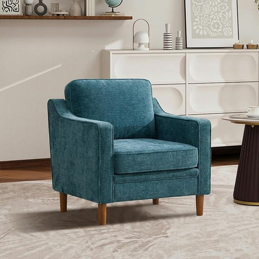 Kingfun Accent Chair, Living Room Chairs, Mid Century Reading Armchair, Chenille with Solid Wood Foot, Upholstered Modern Decor for Bedroom, Apartment