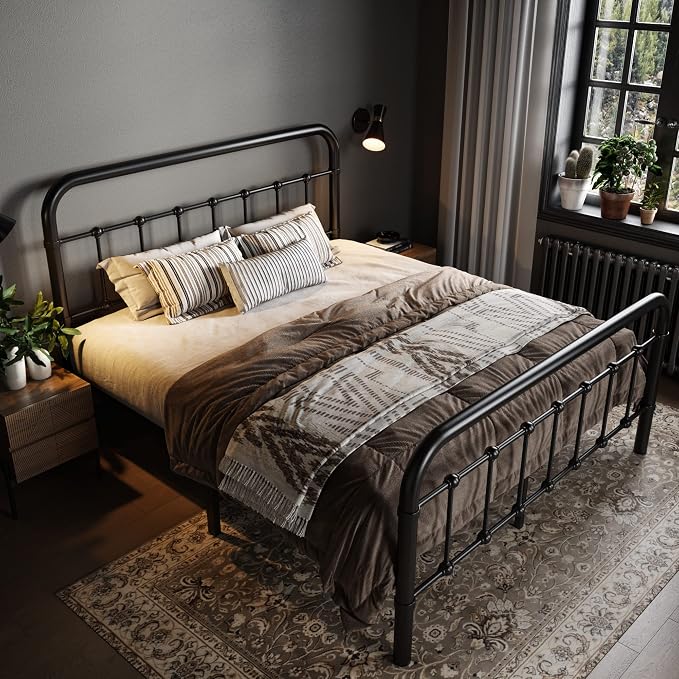 Allewie Full Size Metal Platform Bed Frame with Victorian Style Wrought Iron-Art Headboard/Footboard, No Box Spring Required, Black