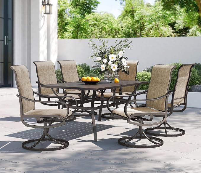 PHI VILLA 7 PCS Patio Dining Set, Rectangle Metal Table with 1.57" Umbrella Hole and 6 High Back Textilene Swivel Chairs, Suitable for All Weather