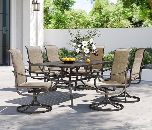 PHI VILLA 7 PCS Patio Dining Set, Rectangle Metal Table with 1.57" Umbrella Hole and 6 High Back Textilene Swivel Chairs, Suitable for All Weather