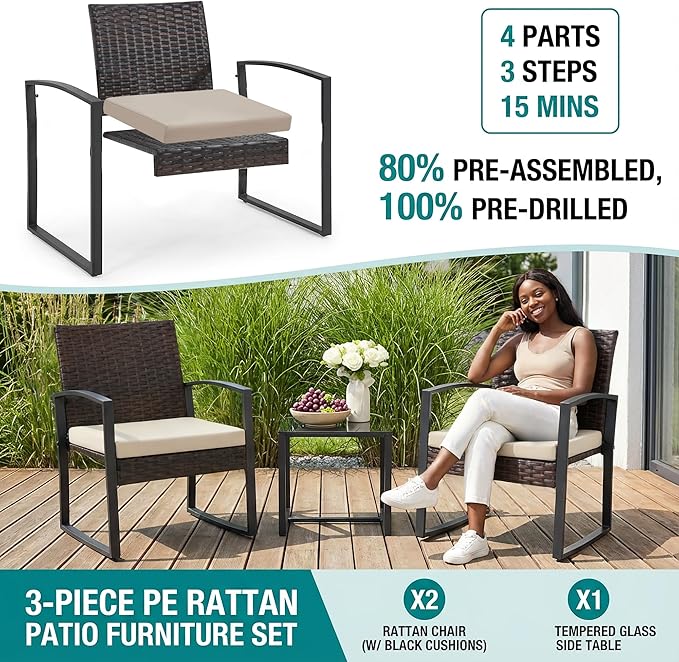 Bezseller 3 Pieces Patio Furniture Set, Outdoor Rattan Bistro Set with Coffee Table, Durable Steel Frame with Strapped Cushions for Garden, Balcony, Poolside, Backyard
