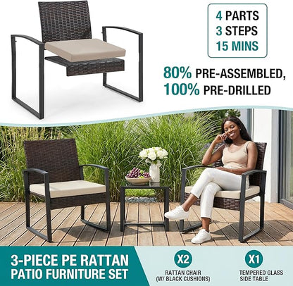 Bezseller 3 Pieces Patio Furniture Set, Outdoor Rattan Bistro Set with Coffee Table, Durable Steel Frame with Strapped Cushions for Garden, Balcony, Poolside, Backyard