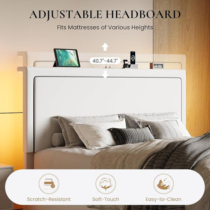 SHA CERLIN Queen Size Hydraulic Lift-Up Storage Platform Bed Frame with Charging Station, RGB LED Lights, Adjustable Velvet Headboard, USB-A and USB-C Ports, No Box Spring Needed, White
