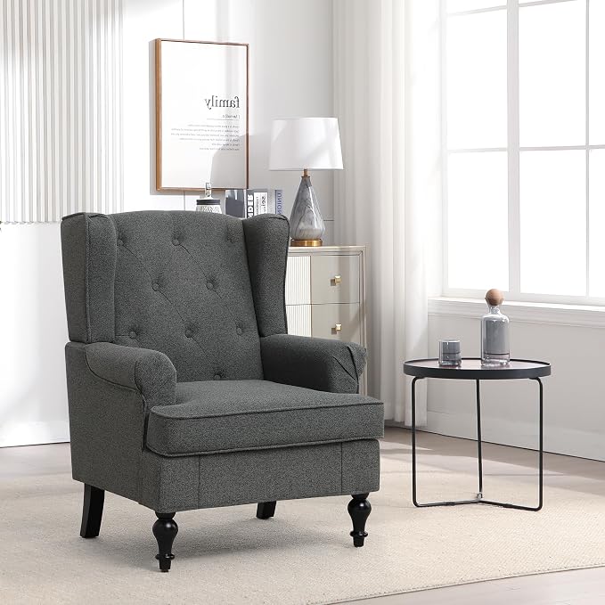 Accent Chair Set of 2, Mid Century Modern Fabric Wingback Chair, Upholstered Armchair with High Back and Vintage Legs, Comfy Single Sofa Side Reading Chair for Living Room Bedroom, Dark Grey