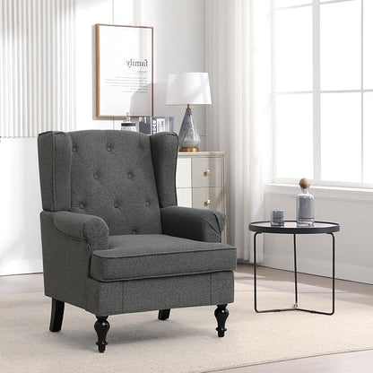 Accent Chair for Living Room, Mid Century Modern Upholstered Armchair, Wingback Chair with Tufted High Back and Solid Legs, Comfy Side Chairs Single Sofa for Bedroom, Dark Grey