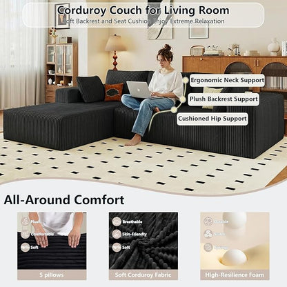 95" Cloud Sectional Couch with L-Shape Chaise, Modular Comfy Sofa Chaise Longue, Upholstered Corduroy Couches Sleeper with Deep Seat for Living Room Bedroom, No Assembly Required(Black, Left Facing)
