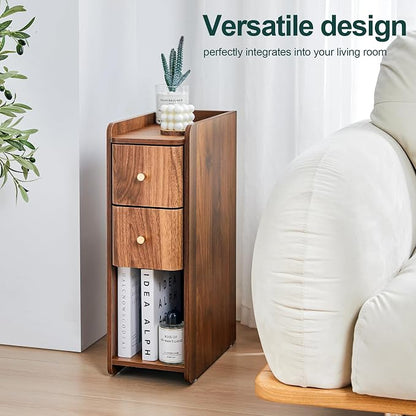 Narrow Nightstand Set of 2, Wooden Small 2 Drawer Nightstand, Slim Side End Table, Skinny Bedside Table, Mid Century Modern Night Stand with Drawers, for Living Room (Walnut 2-2 pcs)