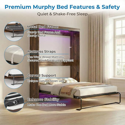 Mjkone Full Murphy Bed, Cabinet Beds Full Size, Modern Hidden Murphy Wall Chest Beds with Space-Saving Design, Adults Cabinet Guest Bed with 16 Colors of LED Lights for Bedroom, Apartment - Brown