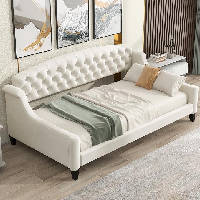 Ball & Cast Twin Size Daybed,Velvet Upholstered Day Bed Frame with Button Tufted Backrest,Modern Sofa Bed for Living Room, Bedroom,Guest Room,No Box Spring Needed,Beige