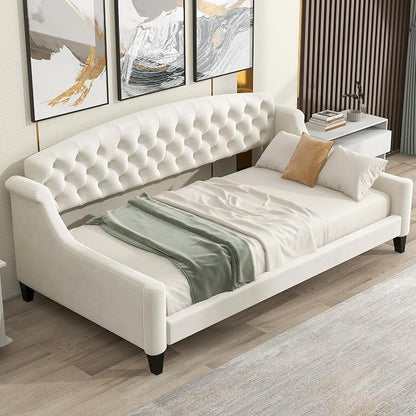 Ball & Cast Twin Size Daybed,Velvet Upholstered Day Bed Frame with Button Tufted Backrest,Modern Sofa Bed for Living Room, Bedroom,Guest Room,No Box Spring Needed,Beige