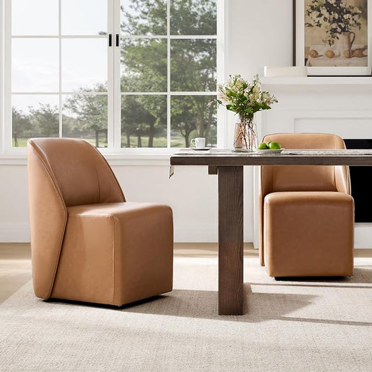 Watson & Whitely Leather Rolling Dining Chairs with Casters Set of 2, Brown | Upholstered Seat, Removable Rollers, Modern Style, Armless Chairs for Dining Room, Living Room, Bedroom