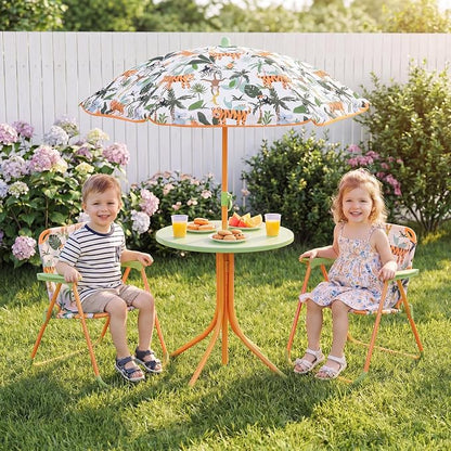 Costzon Kids Picnic Table, Kids Outdoor Table with 2 Folding Chairs, Height Adjustable Umbrella, Portable Children Outdoor Furniture for Patio, Garden, Backyard (Yellow Forest)