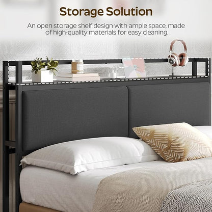Queen Size Headboard Only with Storage Shelves, Upholstered Headboard with Charging Station, Height Adjustable, Sturdy and Stable, Vintage Style, Black
