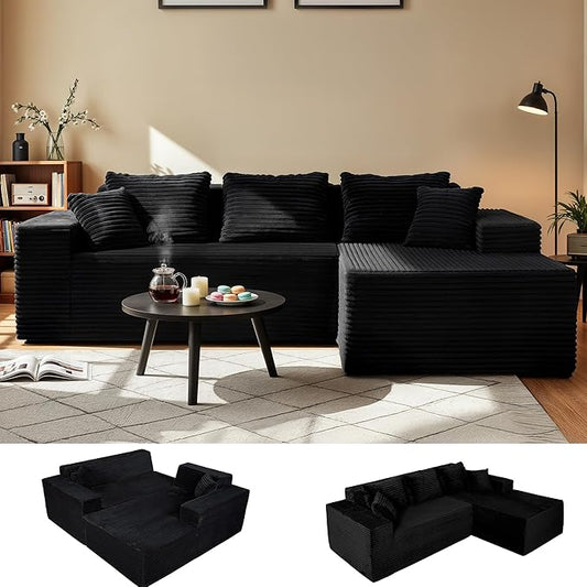 Claiks 104" Boneless Couch, Cloud Couch Sectional, L-Shape Corduroy Modular Sectional Sofa Deep Seat, Upholstered Couches for Living Room, No Assembly Required, Black, Right Facing Chaise