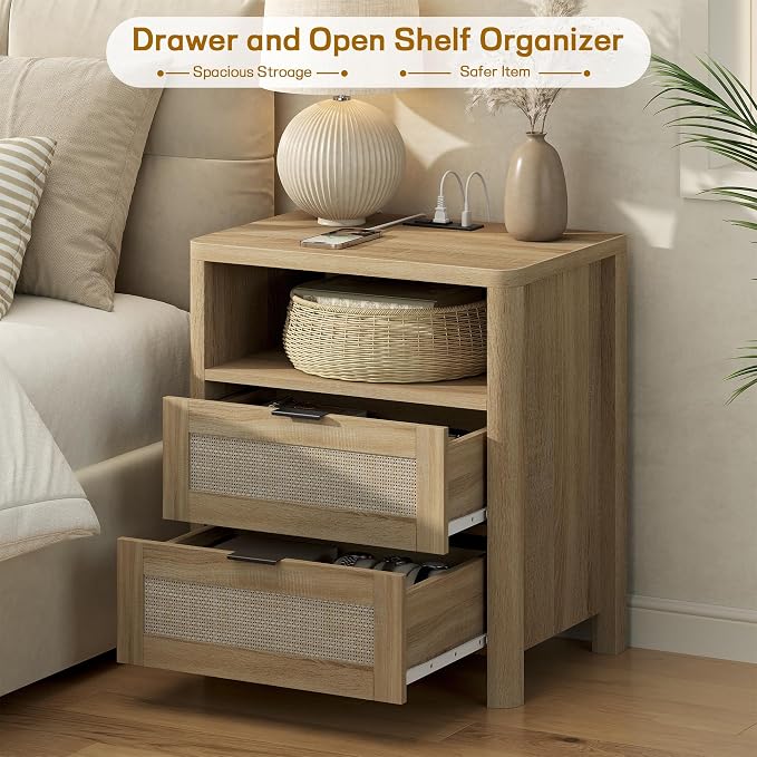 Boho Nightstand with Charging Station, Large Bedside Table with Two Drawers & Open Storage Shelf, Mid-Century Modern End Table Rattan-Look Drawer, Accent Side Table with Rounded Corners for Bedroom