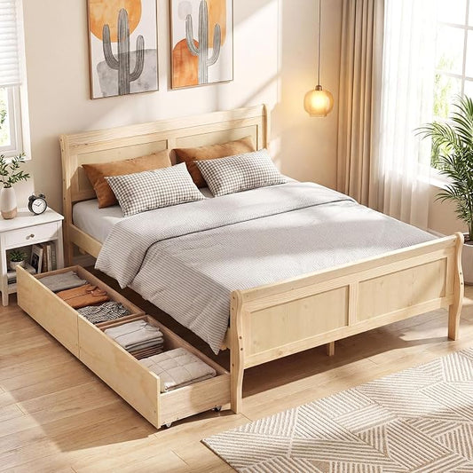 Giantex Full Bed Frame with 2 Storage Drawers, Wood Platform Bed with Headboard & Footboard, Wooden Slats Support Mattress Foundation, Sleigh Bedframe for Teens Adults, No Box Spring Needed (Natural)