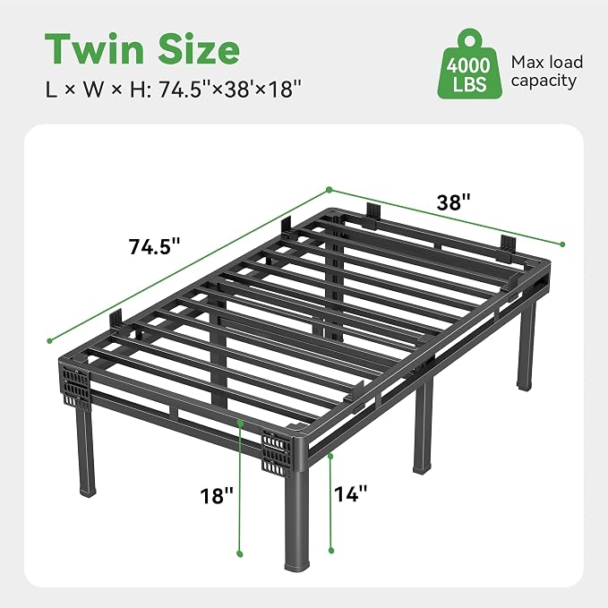 Superay Twin Bed Frame, 18 inch Metal Bed Frame & Box Spring 2 in 1 Design, Double Layer Bed Frame with Rounded Legs, Heavy Duty Platform Support 4000lbs, with Matress Gasket & headboard Adapter