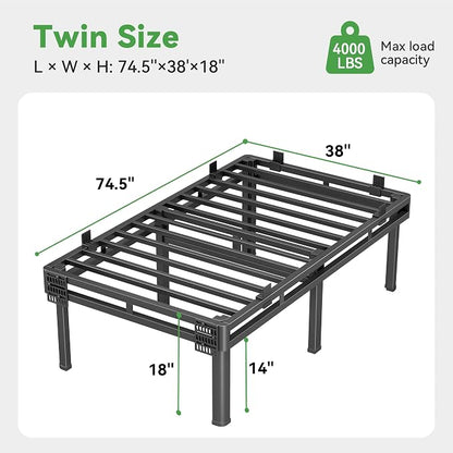 Superay Twin Bed Frame, 18 inch Metal Bed Frame & Box Spring 2 in 1 Design, Double Layer Bed Frame with Rounded Legs, Heavy Duty Platform Support 4000lbs, with Matress Gasket & headboard Adapter