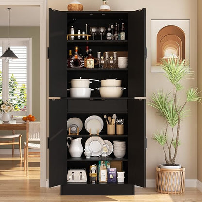 Unikito Black 71" Tall Kitchen Pantry Cabinet, Hidden Drawer and Farmhouse Barn Doors, 4 Adjustable Shelves, Freestanding Cupboard for Kitchen, Dining Room, Living Room, Utility Room