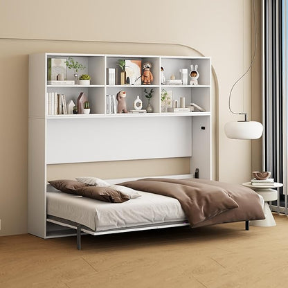 Twin Size Flipping Murphy Bed Cabinet with Shelf Storage, Modern Hideaway Beds, Wall Bedframe for Bedroom,Space-Saving, Noise Free, White