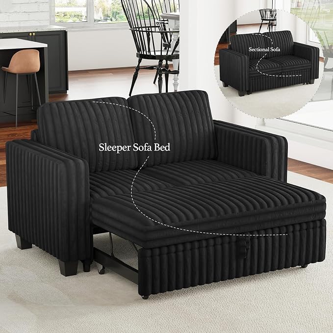 Belffin Corduroy Sectional Sleeper Sofa with Pull Out Bed Modular Sectional Loveseat Sofa Bed for Living Room Black Couch