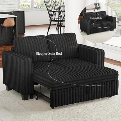 Belffin Corduroy Sectional Sleeper Sofa with Pull Out Bed Modular Sectional Loveseat Sofa Bed for Living Room Black Couch