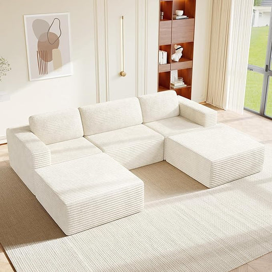 Vesgantti 119" Oversized U-Shaped Modular Sectional Sofa, Corduroy Cloud Couch with Deep Seating & Spring Support, Convertible Sofa with 2 Ottomans, Boneless Couch, No Assembly Required, Beige
