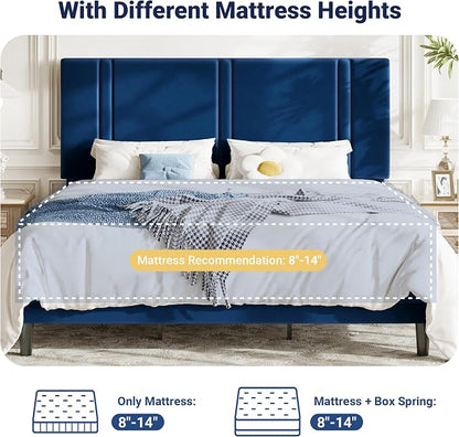 Allewie King Size Platform Bed Frame with Adjustable Headboard, Plush Velvet Upholstered, Vertical Channel Tufted, Sturdy Wooden Slats, No Box Spring Needed, Easy Assembly, Blue