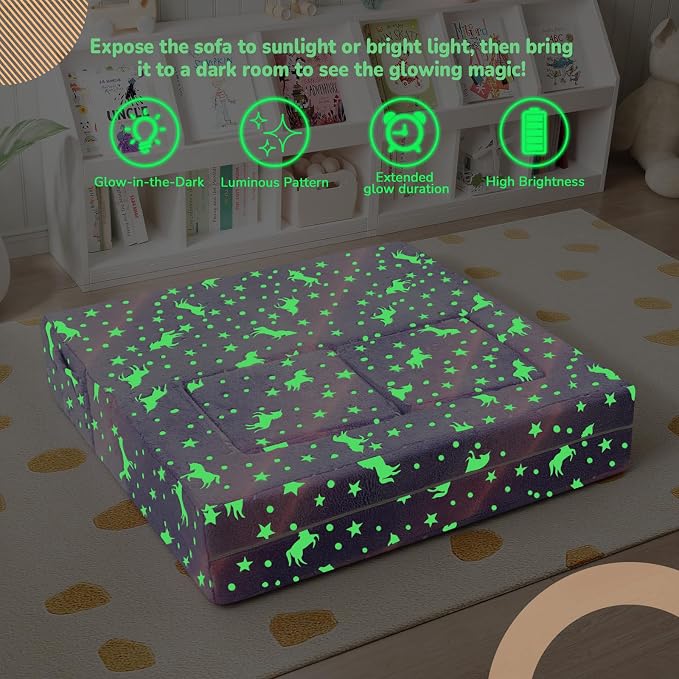 MeMoreCool Unicorn Modular Kids Couch, Glow Rainbow Play Toddler Couch for Bedroom, Convertible Foam Kids Sofa Bed, Fold Out Baby Sofa for Girl Boy, Purple