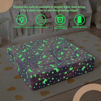 MeMoreCool Unicorn Modular Kids Couch, Glow Rainbow Play Toddler Couch for Bedroom, Convertible Foam Kids Sofa Bed, Fold Out Baby Sofa for Girl Boy, Purple