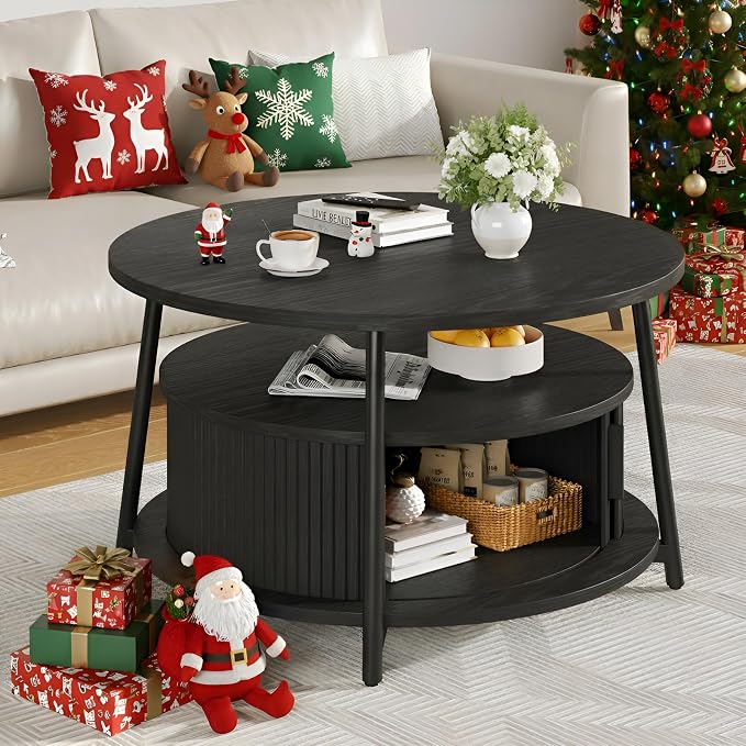 31.5 Inch Round Coffee Table with Storage, Fluted Coffee Tables with 2 Tiers, Mid-Century Modern Center Table with 2 Sliding Doors and Adjustable Footpad for Living Room, Black