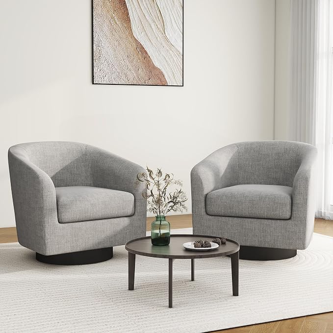 Swivel Barrel Accent Chair, Modern Round Linen Arm Chair for Living Room, Bedroom, Comfy Club Reading Chairs for Adults（Linen Fabric, Light Grey, Set of 2