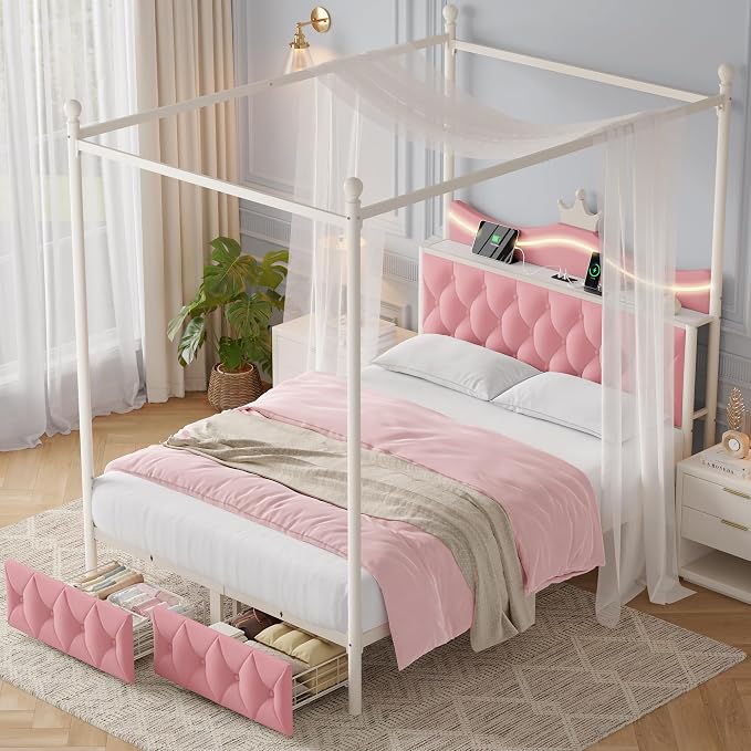 Keyluv Queen Size Upholstered LED Canopy Bed Frame with Charging Station and Drawer, Button Tufted Crown Headboard with Storage Shelf, Two-Purpose Removable Four Poster Design Platform Bed, Pink