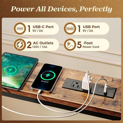 SUPERJARE 133.8 Inch Sofa Table with 2 Power Outlets and USB-C Ports, 5.9 Inch Narrow Console Table with Storage, Extra-Long, for Entryway Hallway Couch Behind Sofa, Small Spaces, Rustic Brown