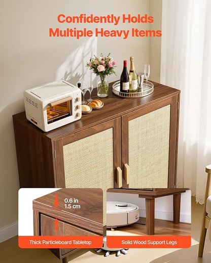 VEVOR Rattan Cabinet, Rattan Storage Cabinet with 2 Magnetic Doors and Adjustable Shelves, Accent Sideboard Buffet with Wooden Legs & Power Cord Hole for Hallway, Entryway, Living Room, Kitchen, Brown