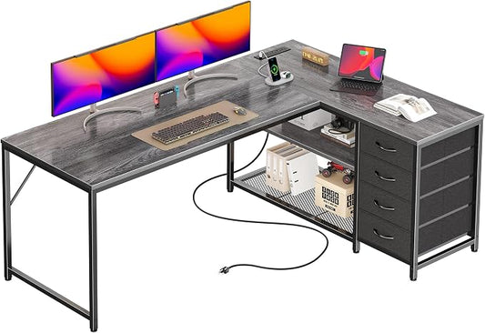 PRAISUN 61" L Shaped Desk with Power Outlets & USB-C Port, Reversible Computer Corner Office Desk with 4 Fabric Drawers and 2 Storage Shelves, Large Desk for Gaming Writing Study, Grey