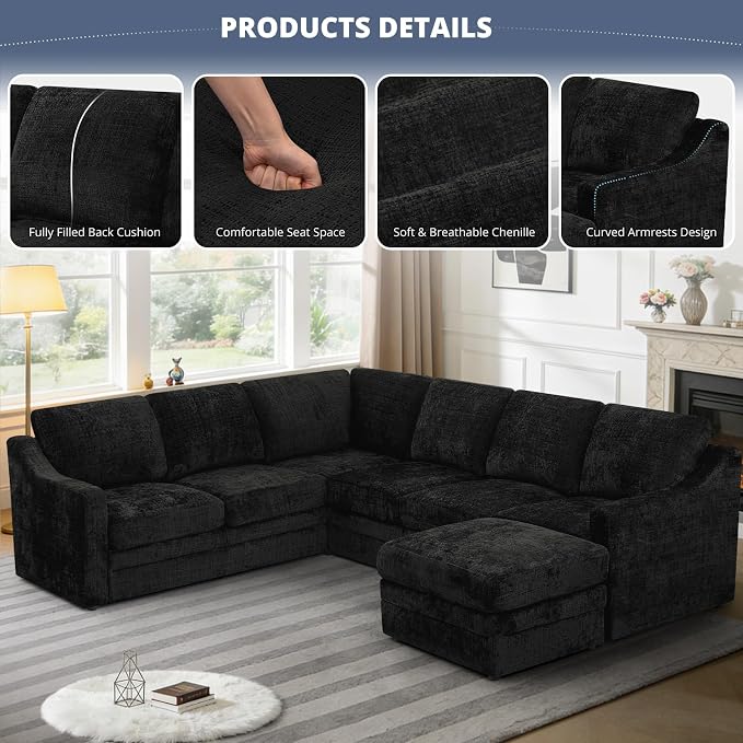 115 Inches Chenille Sectional Sofa with Storage Ottoman, Modern 7 Seats Corner Couch with Deep Seat, Comfy Modular U Shaped Couch with Comfortable Cushions for Living Room, Black