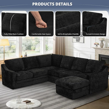 115 Inches Chenille Sectional Sofa with Storage Ottoman, Modern 7 Seats Corner Couch with Deep Seat, Comfy Modular U Shaped Couch with Comfortable Cushions for Living Room, Black