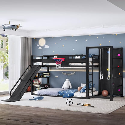 Bellemave Twin XL Bunk Bed with Basketball Hoop, Pull-up Rings and Climbing Wall, Twin XL Bunk Bed with Slide and Bookcase, Heavy Duty Bunk Beds with Guardrail, Black