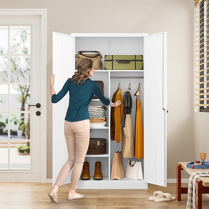 White Wardrobe Cabinet with Lock and Hanging Rod,72" Armoire Closet with Shelf,Lockable Storage Locker,Metal Storage Cabinet with Locking Doors,Steel Wardrobe for Home,Bedroom,Office,Employee,Shop