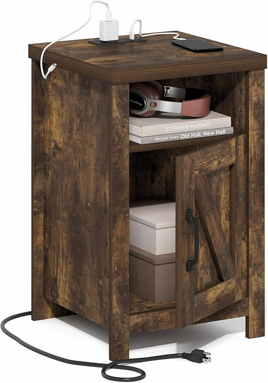 Furinno Farmhouse Night Stand with Charging Station, Bedside Table, Side Table, End Table with Door, USB Ports and Outlets, for Bedroom, Closet, Dorm, Amber Oak