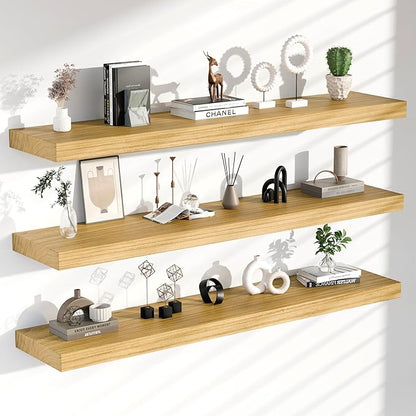 Floating Shelves for Wall, 60 Inch Extra Long Oak Floating Shelves, Set of 3, Hanging Invisible Brackets Floating Shelves for Living Room,Bedroom,and Kitchen (Light Brwon, 3T60IN)