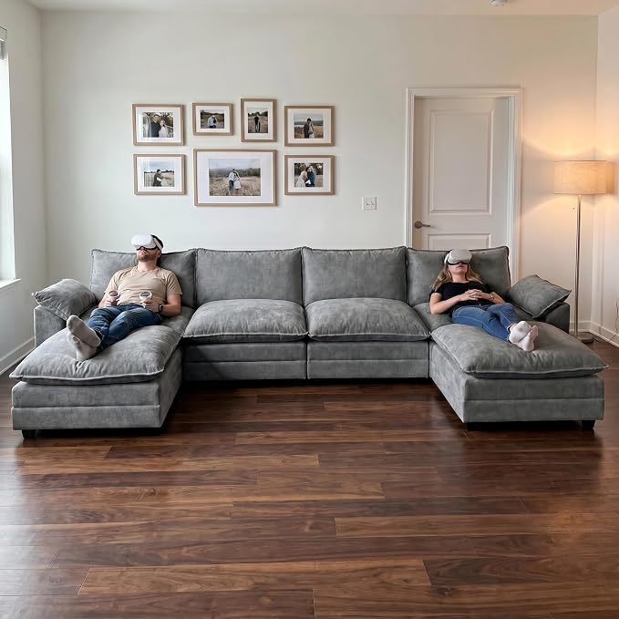 Homall 159" Modular Sectional Sofa, U Shaped Sofa Couch with Reversible Ottoman, DIY Combination Chenille Deep 4-Seat Cloud Couch for Living Room, Apartment (Light Grey, U Shaped Sofa)
