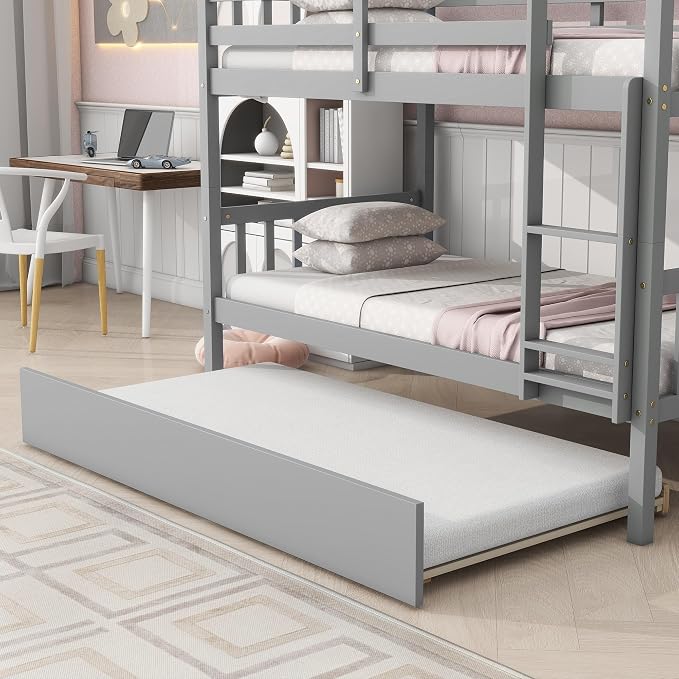 Merax Twin-Over-Twin Bunk Bed with Movable Trundle, Solid Wood Detachable Bunk Bed with Safety Guardrial and Ladder, Can be Converted Into 3 Separate Beds,Grey