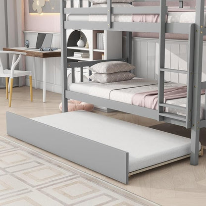 Merax Twin-Over-Twin Bunk Bed with Movable Trundle, Solid Wood Detachable Bunk Bed with Safety Guardrial and Ladder, Can be Converted Into 3 Separate Beds,Grey
