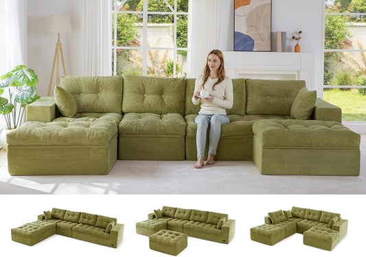 MAXYOYO 132" U Shaped Modular Sectional Sofa with 2 Ottomans, Cloud Boneless Couch with Layered Cushion, Flexible Module Combination Sofa for Living Room, No Assembly Required, Green