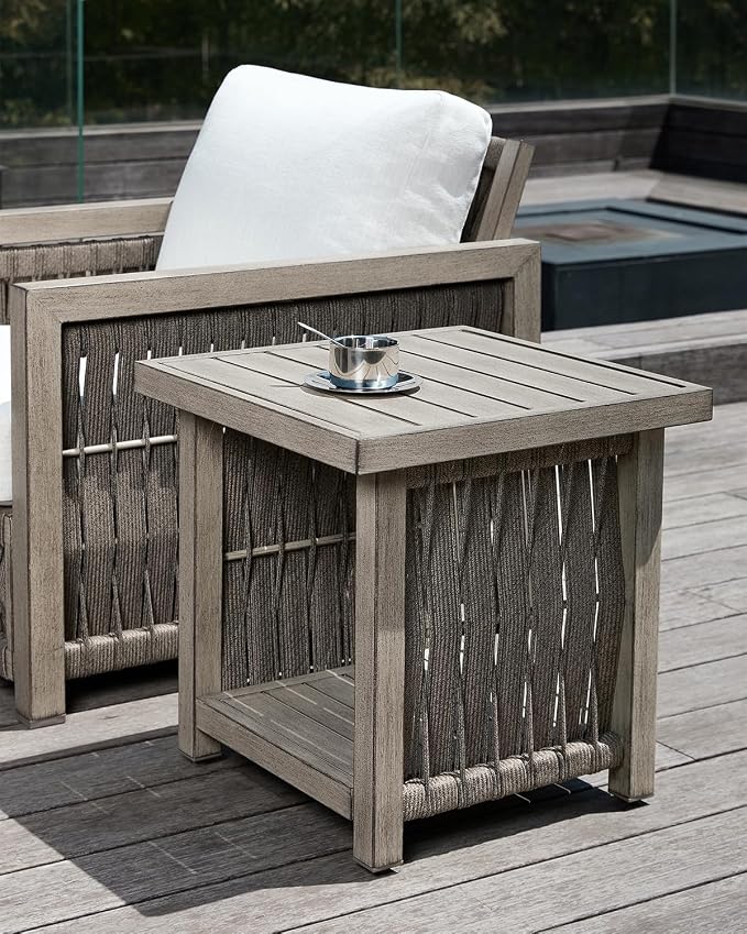Outdoor Side Table, Aluminum Square Patio Side Table, 2-Tier Rope Weave Outdoor End Table with Adjustable Legs, Never-Rust Patio Table Outside Furniture for Garden, Pool, Beach, Deck, Gray Oak